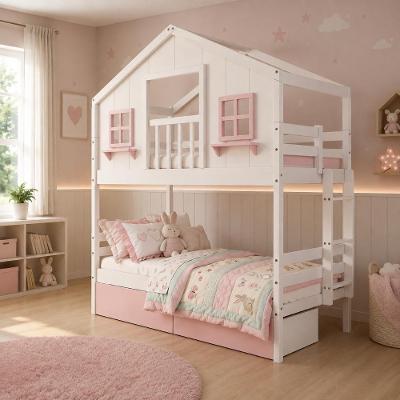 Beliche Infantil Casinha dos Sonhos com Varanda Madeira Maciça Branco e Rosa Megamobília
