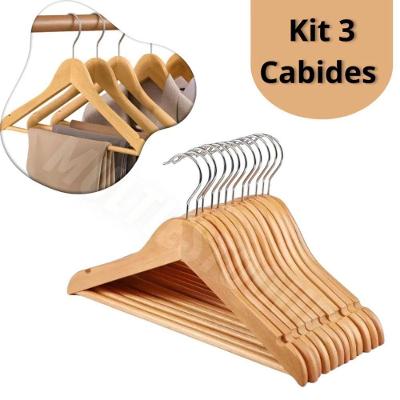 Cabide Kit 3 Unidades de Madeira com Verniz Anatômico Giratório para Roupas Clean Tech