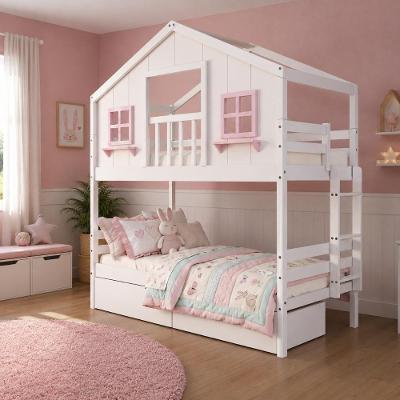 Beliche Infantil Casinha dos Sonhos com Varanda 2 Gavetas Madeira Maciça Branco e Rosa Megamobília