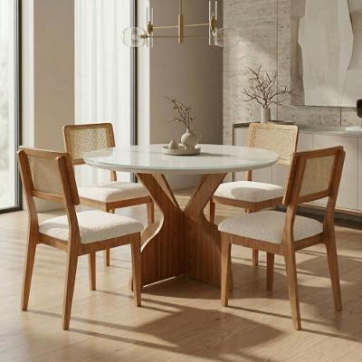 Mesa de Jantar com Tampo de Vidro e 4 Cadeiras 4 Lugares Redonda MDF Freijó com Off White e Bege