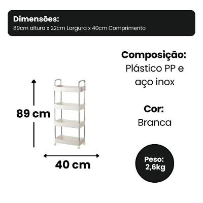 Prateleira Multiuso 4 Andares com Rodinhas Plástico PP e Aço Inox para Cozinha e Banheiro Escritório