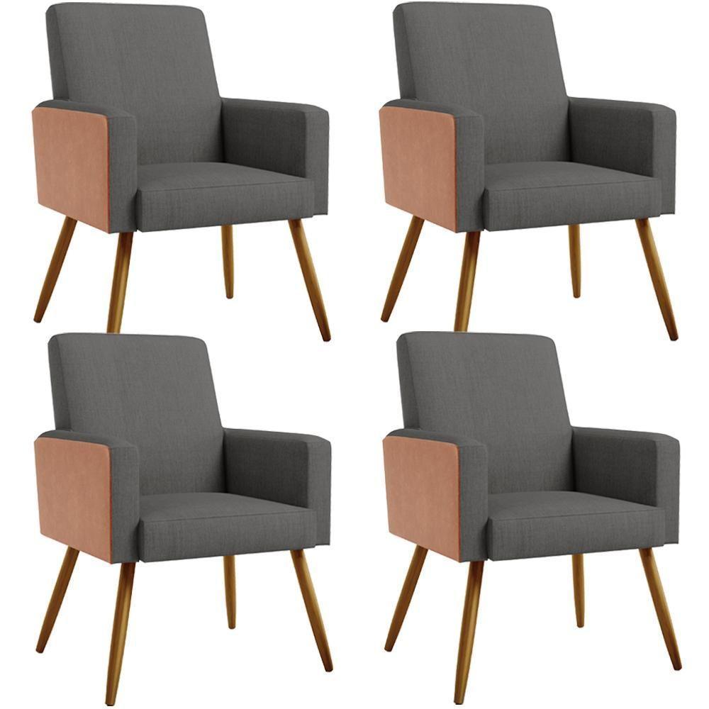 Kit 04 Poltronas Pés Palito Linho Cinza Escuro Camel - 1