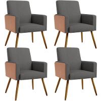 Kit 04 Poltronas Pés Palito Linho Cinza Escuro Camel - 1