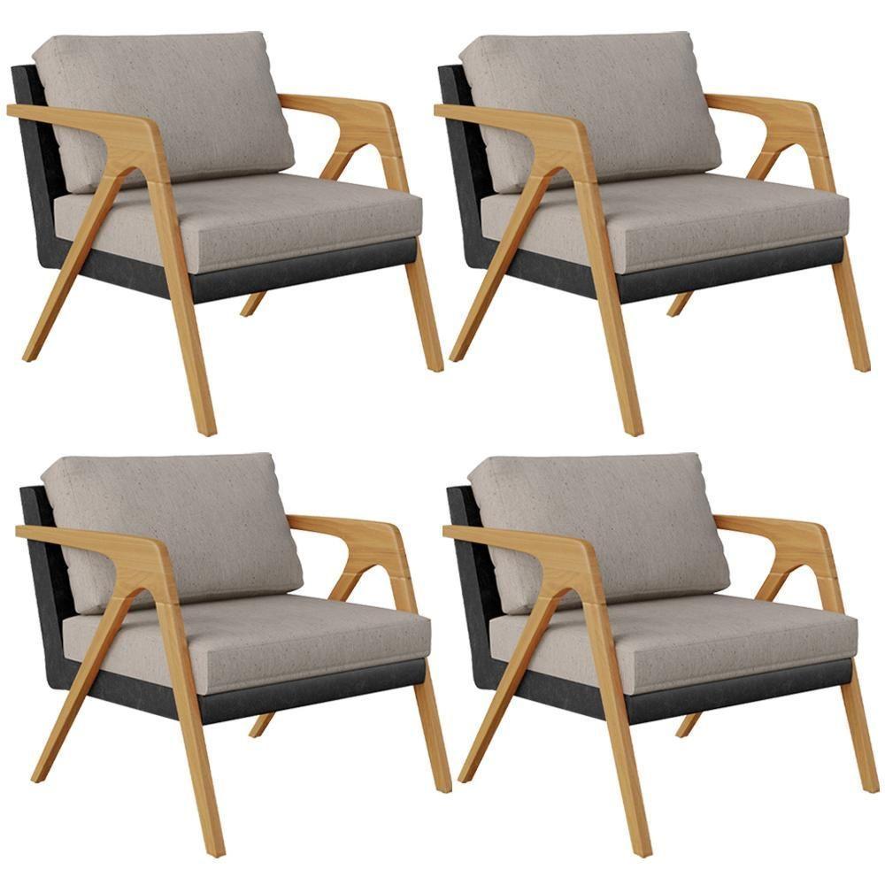 Kit 04 Poltronas L02 Couríssimo Preto Linho Bege - 1