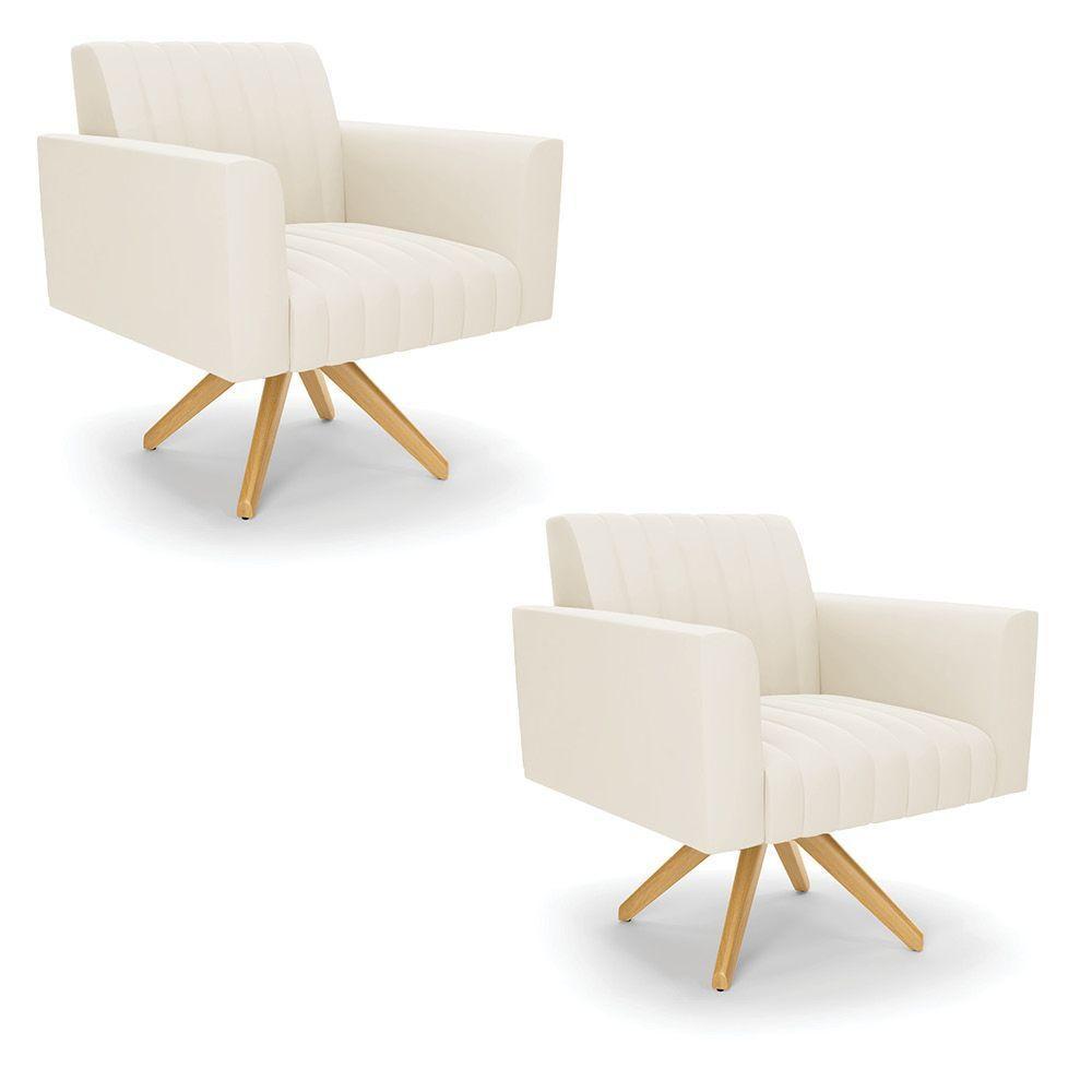 Kit 2 Poltronas Giratória Viena Gomada Veludo Base De Madeira Ma30 - D'rossi Cor Bege - 1