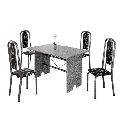 Conjunto de Mesa Tubular Letícia 070 4 Lugares Tampo em Granito Ocre Preto Floral 120CM Tudo