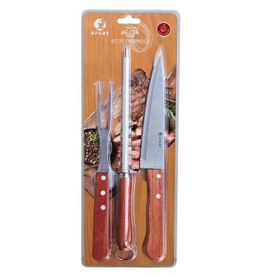 Kit para Churrasco 3 Peças Faca e Chaira e Garfo Trinchante Aço Inox com Cabo de Madeira
