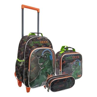 Kit Escolar Denlex Dinossauro com Mochila Rodinhas Lancheira e Estojo Duplo