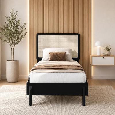Cama Solteiro Moss A03 Nero com Cabeceira Palha Sintética MDP Preto Lyam Decor
