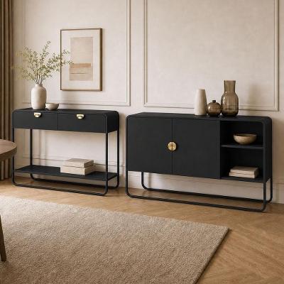 Kit Balcão Buffet e Aparador Alek A03 MDP Detalhes Dourados Preto 135CM Lyam Decor