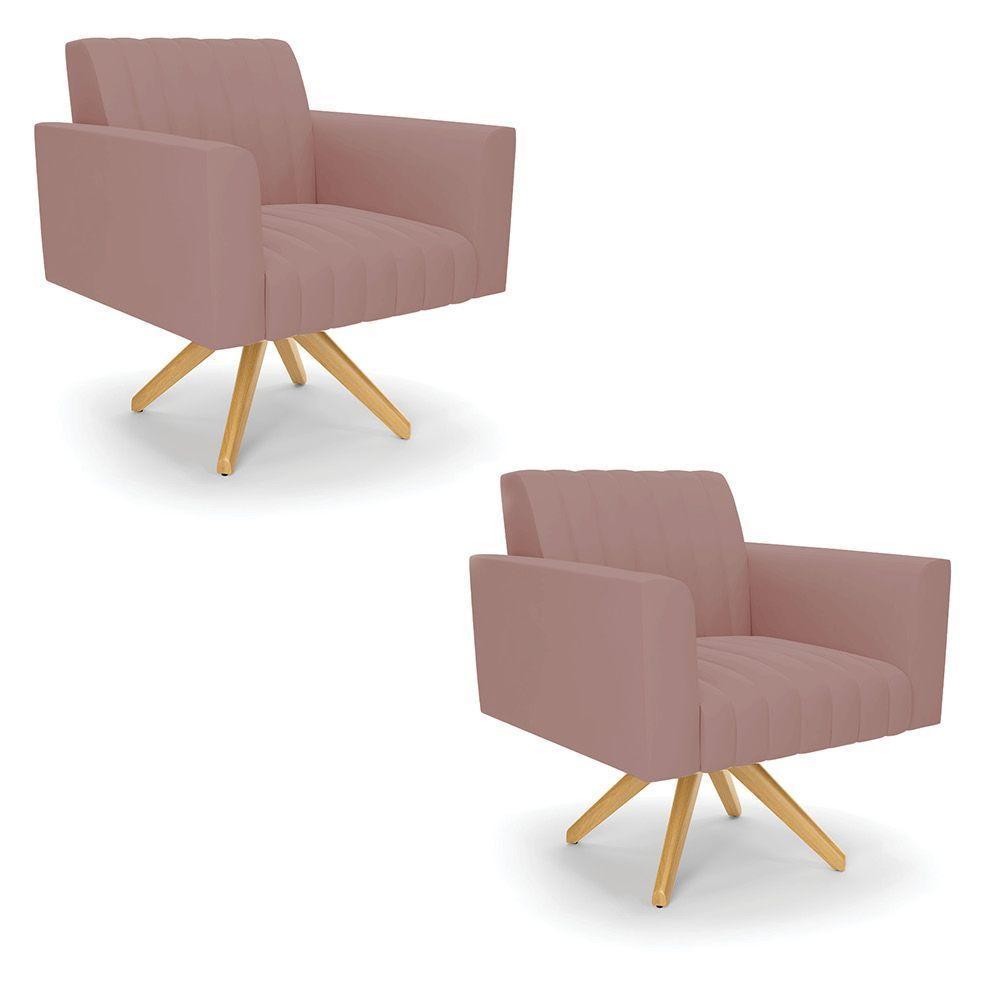 Kit 2 Poltronas Giratória Viena Gomada Veludo Base De Madeira Ma30 - D'rossi Cor Rose - 1