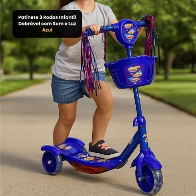Patinete Infantil 3 Rodas Dobrável com Som e Luz Azul
