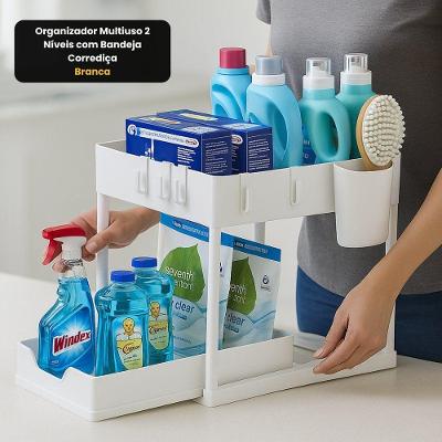 Organizador Multiuso 2 Níveis com Bandeja Corrediça Metal com Pintura Eletrostática e Plástico PP