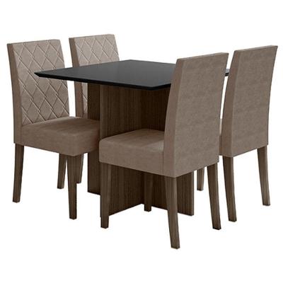 Mesa De Jantar 120cm Helo Com Vidro Amêndoa Grafite Com 4 Cadeiras Jade Bordada Amêndoa Cappuccino