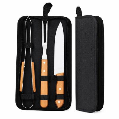 Kit Churrasco 3 Peças Aço Inox Cabo Madeira Estojo Portátil Faca Garfo Pegador Utimix