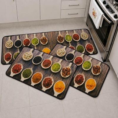 Kit Tapete para Cozinha 3 Peças Carpete Temperos Poliéster Base Emborrachada Antiderrapante Bege
