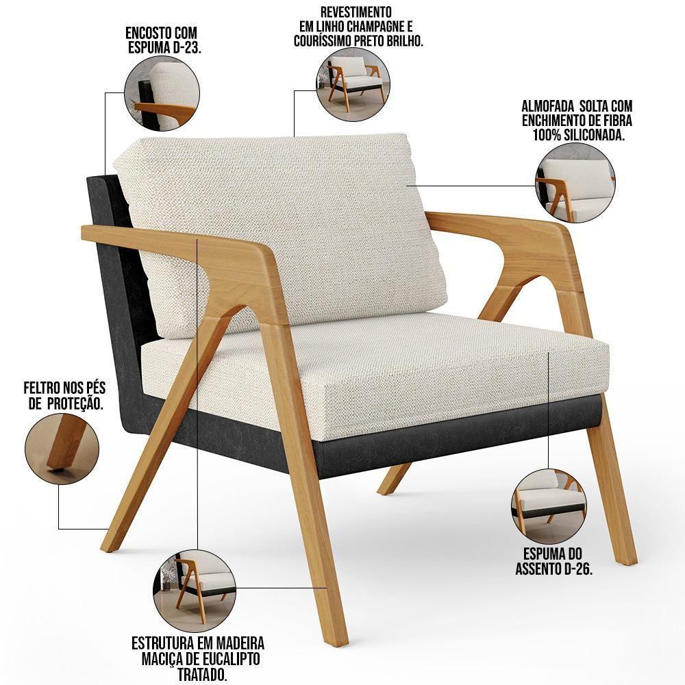 Kit 04 Poltronas Sala L02 Couríssimo Preto Linho Champagne - 6