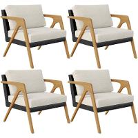 Kit 04 Poltronas Sala L02 Couríssimo Preto Linho Champagne - 1