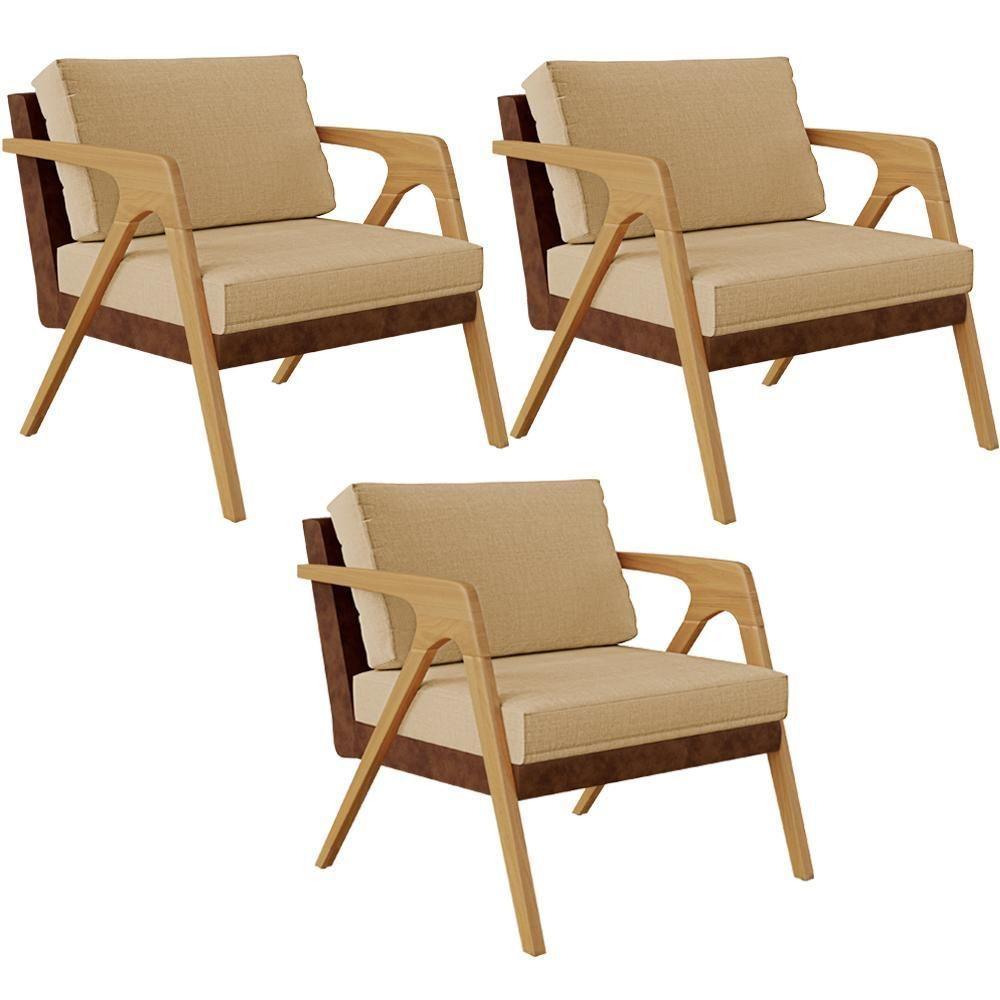 Kit 03 Poltronas Pietra L02 Marrom Linho Bege Escuro - 1