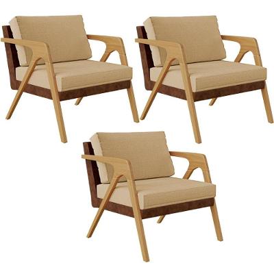 Kit 03 Poltronas Decorativas Pietra L02 Couríssimo Marrom Linho Bege Escuro Lyam Decor