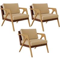 Kit 03 Poltronas Pietra L02 Marrom Linho Bege Escuro - 1