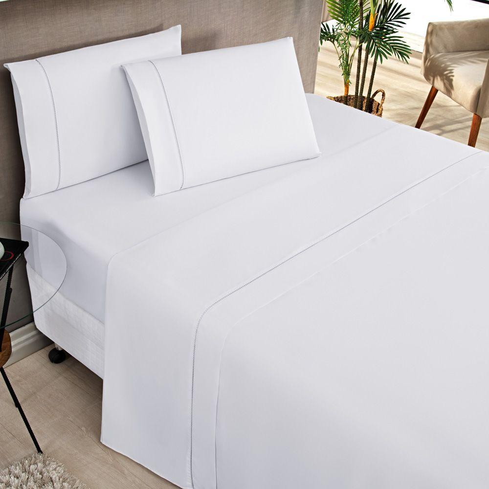 Jogo Cama Lençol Home Basic Casal 180 Fios C/ Ponto Palito 4 Peças - Branco - 1