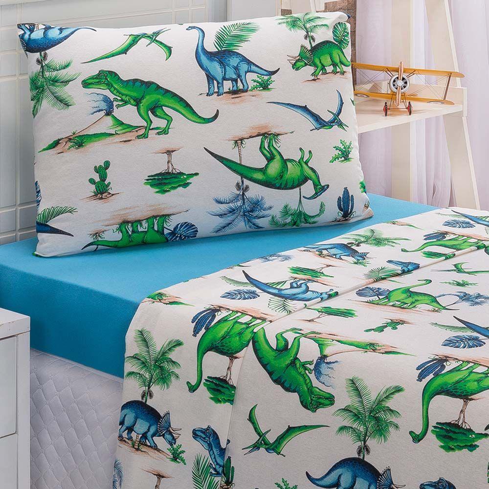 Jogo Cama Lençol Diverkids Solteiro Infantil Malha Soft 100% Algodão 3 Peças - Dinossauro Verde Azul - 1