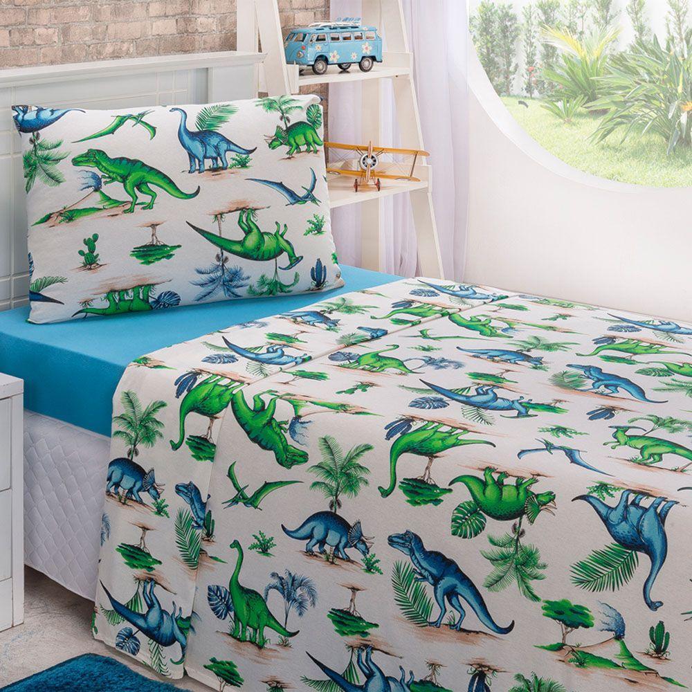 Jogo Cama Lençol Diverkids Solteiro Infantil Malha Soft 100% Algodão 3 Peças - Dinossauro Verde Azul - 2