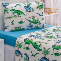 Jogo Cama Lençol Diverkids Solteiro Infantil Malha Soft 100% Algodão 3 Peças - Dinossauro Verde Azul - 1