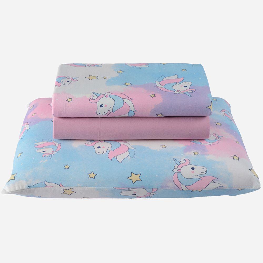 Jogo Cama Lençol Diverkids Solteiro Infantil Malha Soft 100% Algodão 3 Peças - Unicórnio Rosa Azul - 1