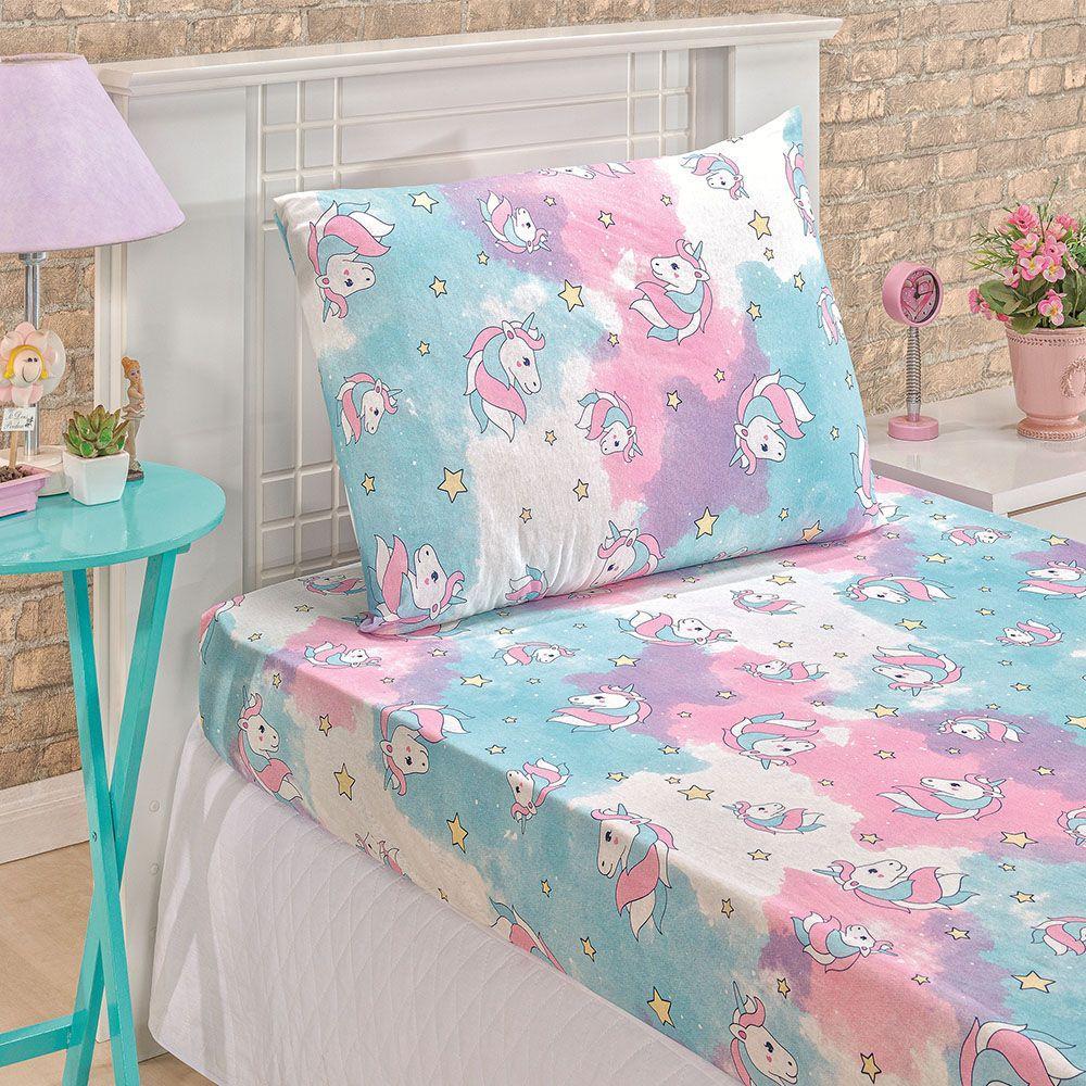 Jogo Cama Lençol Diverkids Solteiro Infantil Malha Soft 100% Algodão 2 Peças - Unicórnio Rosa Azul - 1
