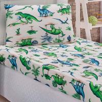 Jogo Cama Lençol Diverkids Solteiro Infantil Malha Soft 100% Algodão 2 Peças - Dinossauro Verde Azul - 1