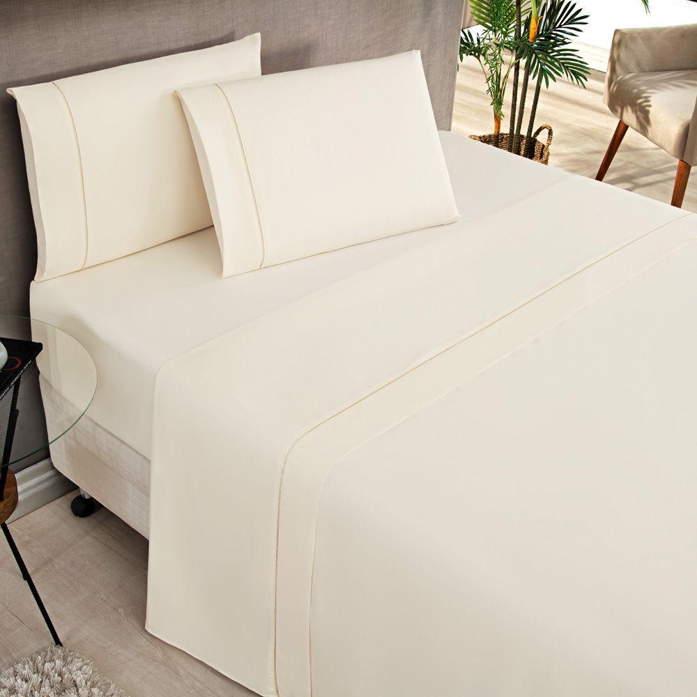 Jogo Cama Lençol Home Basic Solteiro 180 Fios C/ Ponto Palito 3 Peças - Palha - 1