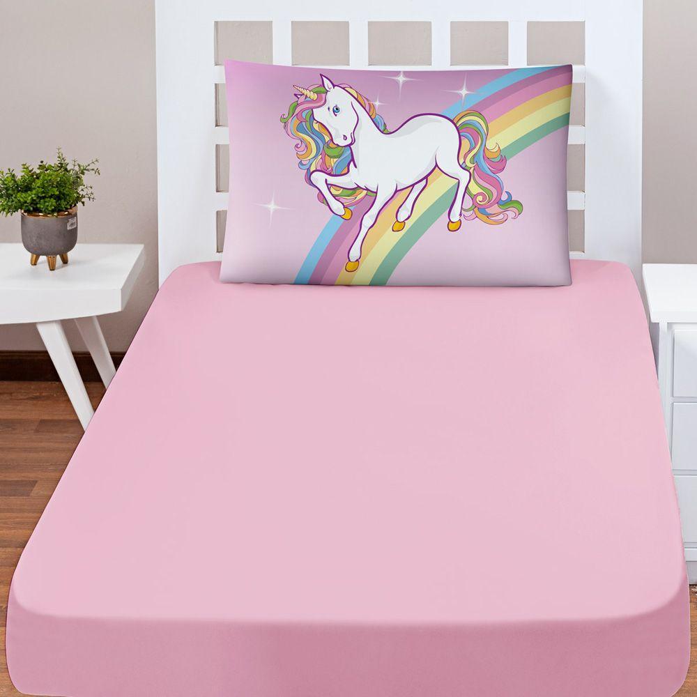 Jogo Cama Lençol Shine Solteiro Microfibra 180 Fios 2 Peças - Unicórnio Rosa - 1
