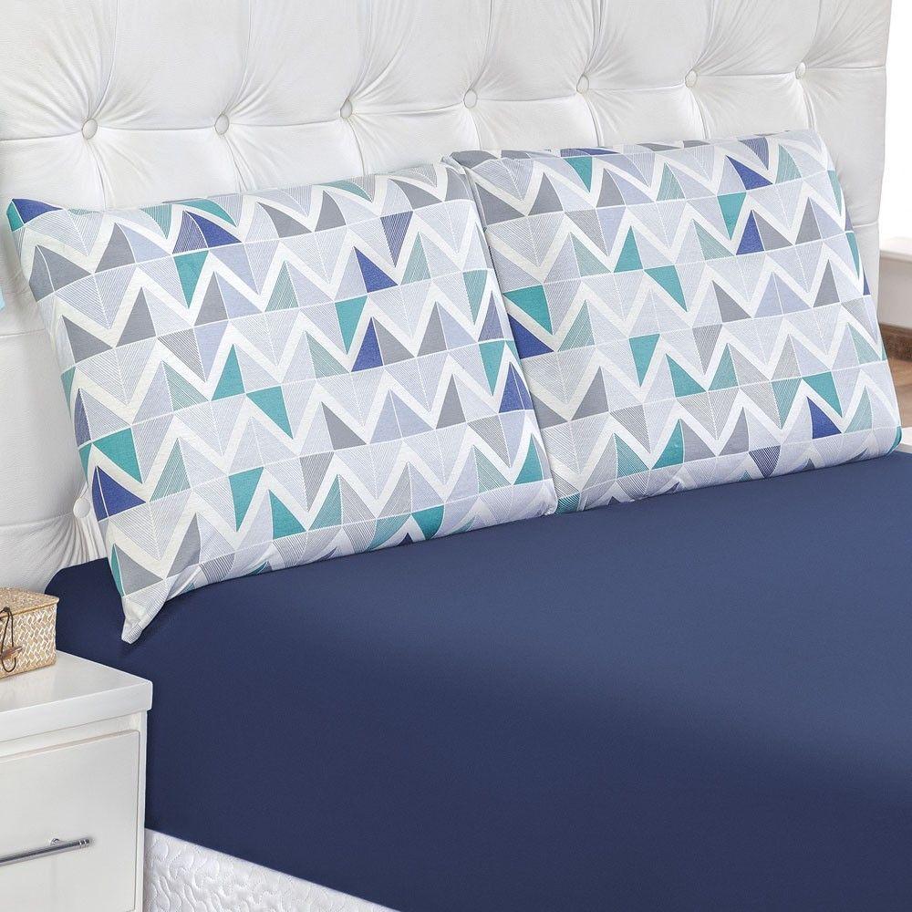 Jogo De Cama Lençol Siena Queen Malha Estampada 100% Algodão 3 Peças - Azul Geométrico - 1