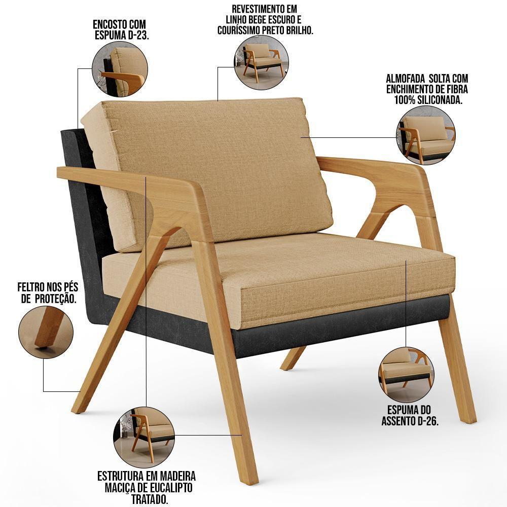Kit 04 Poltronas Sala L02 Couríssimo Preto Linho Bege Escuro - 6
