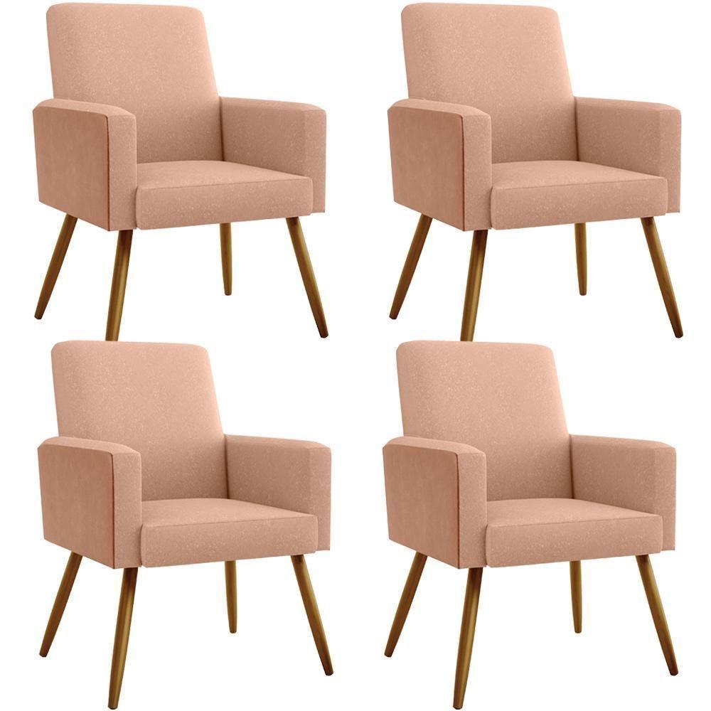 Kit 04 Poltronas Pés Palito Linho Rosê Couríssimo Camel - 1