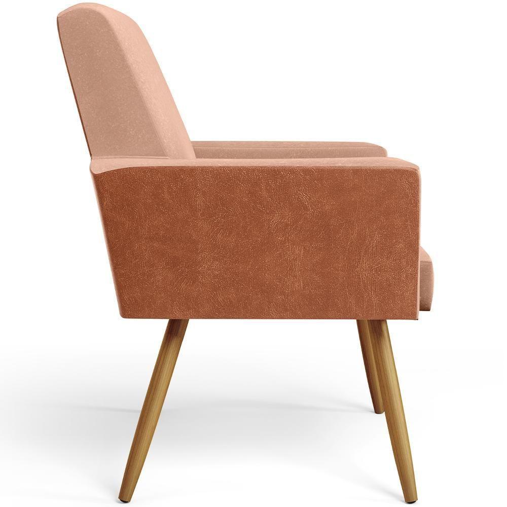 Kit 04 Poltronas Pés Palito Linho Rosê Couríssimo Camel - 3