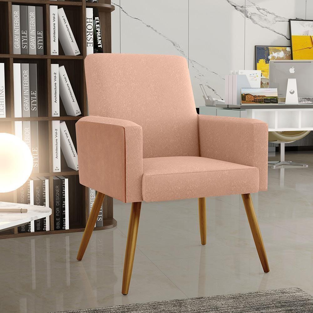 Kit 04 Poltronas Pés Palito Linho Rosê Couríssimo Camel - 8