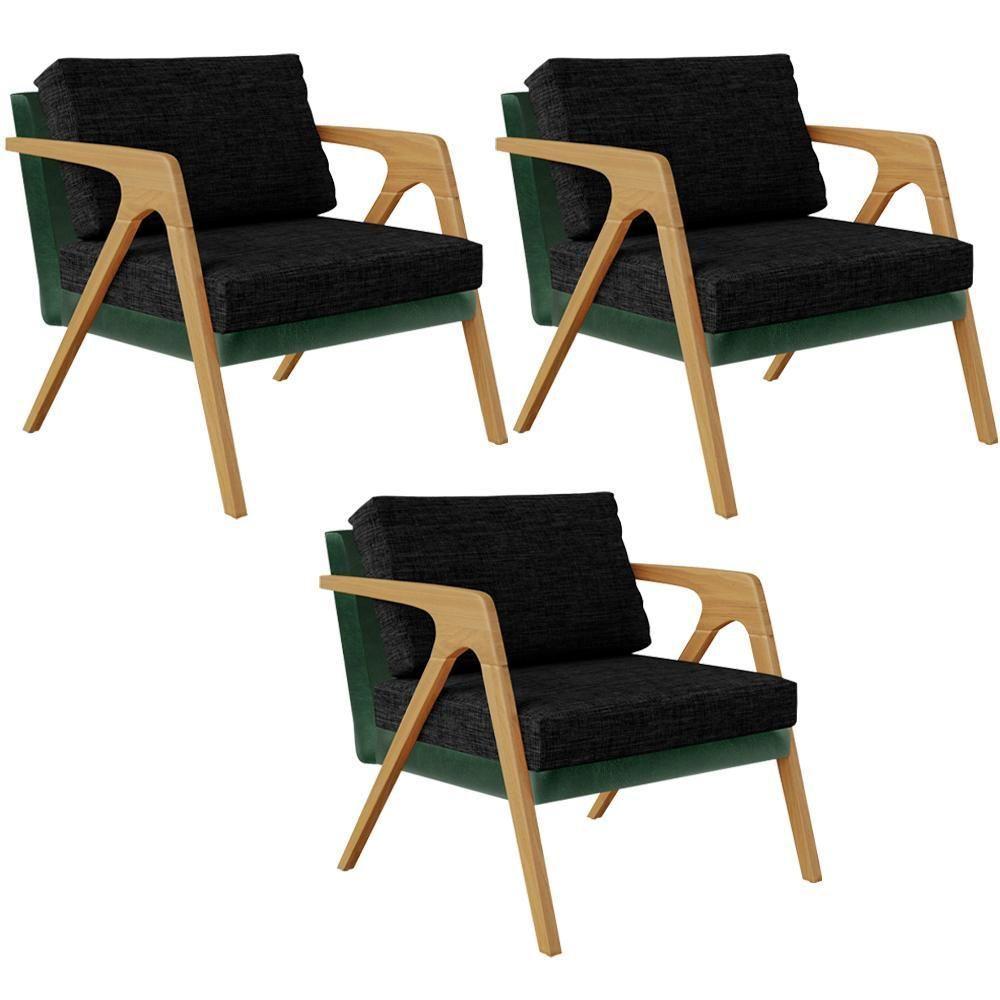 Kit 03 Poltronas Sala L02 Facto Verde Musgo Linho Chumbo - 1