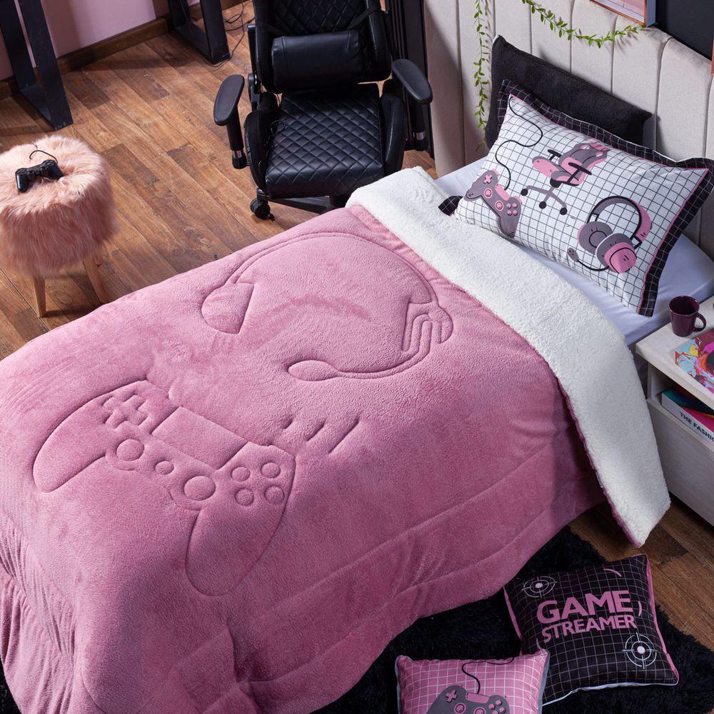 Coberdrom Rosê Solteiro 02 Peças Dupla Face Sherpa E Manta - 1