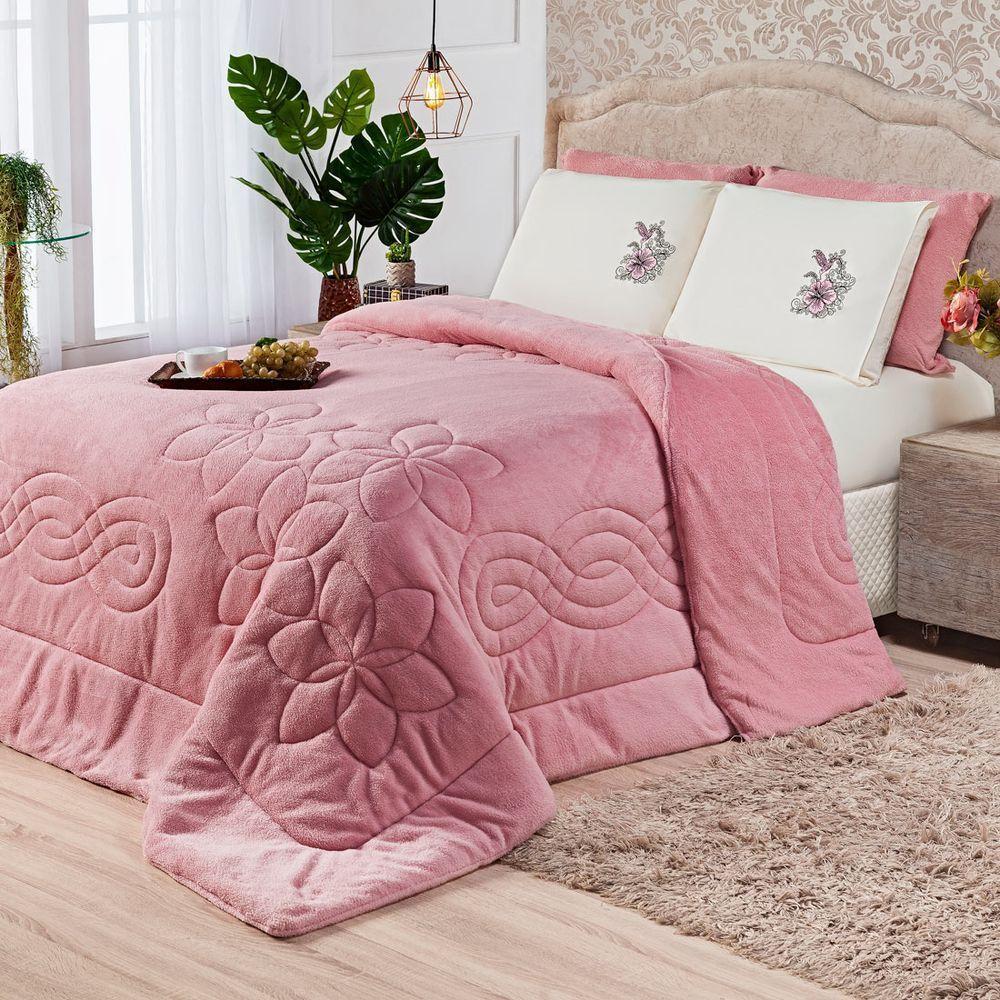 Coberdrom Floral Rosê King 3Pçs Dupla Face Manta Microfibra - 2