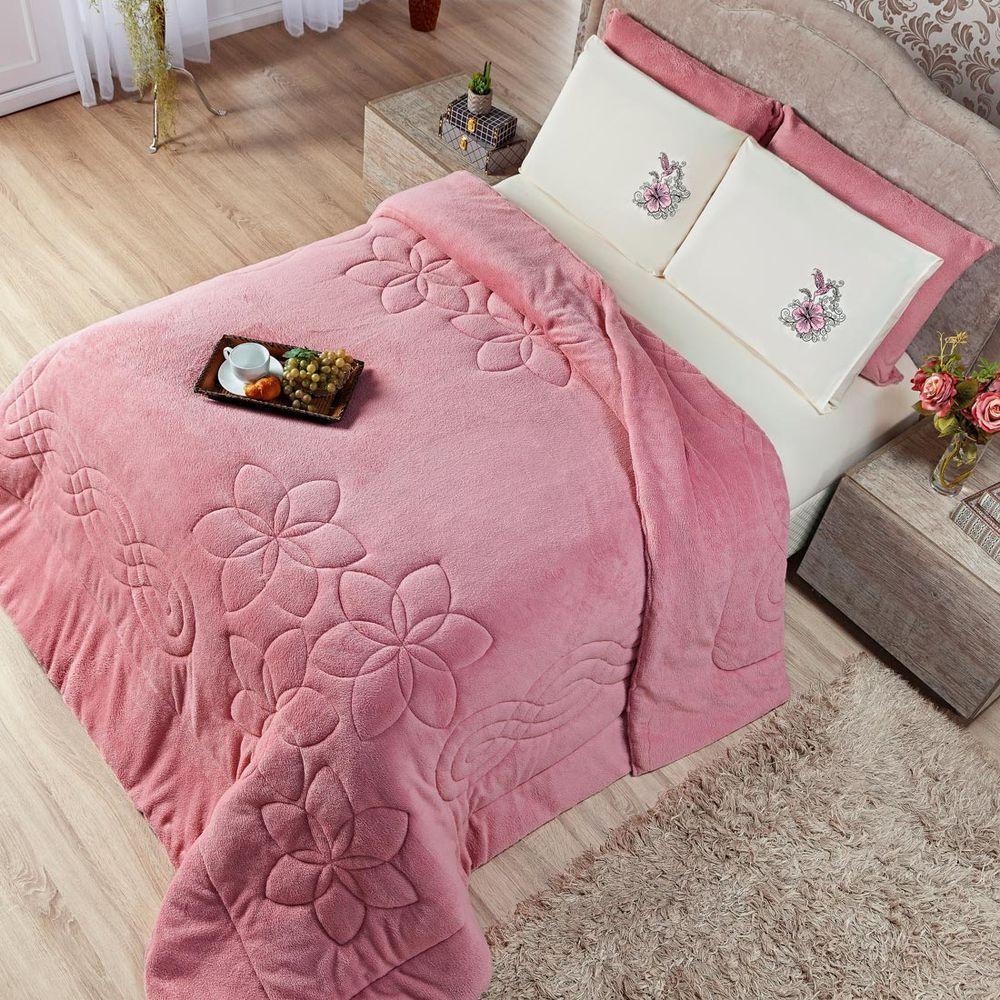 Coberdrom Floral Rosê King 3Pçs Dupla Face Manta Microfibra - 7