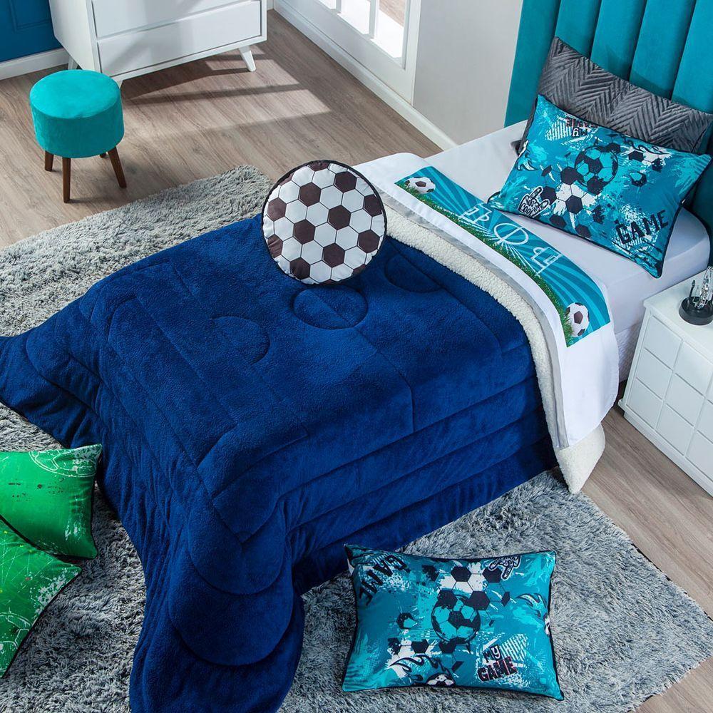 Coberdrom Futebol Azul + Almofada Solt 3Pçs Dupla Face - 2