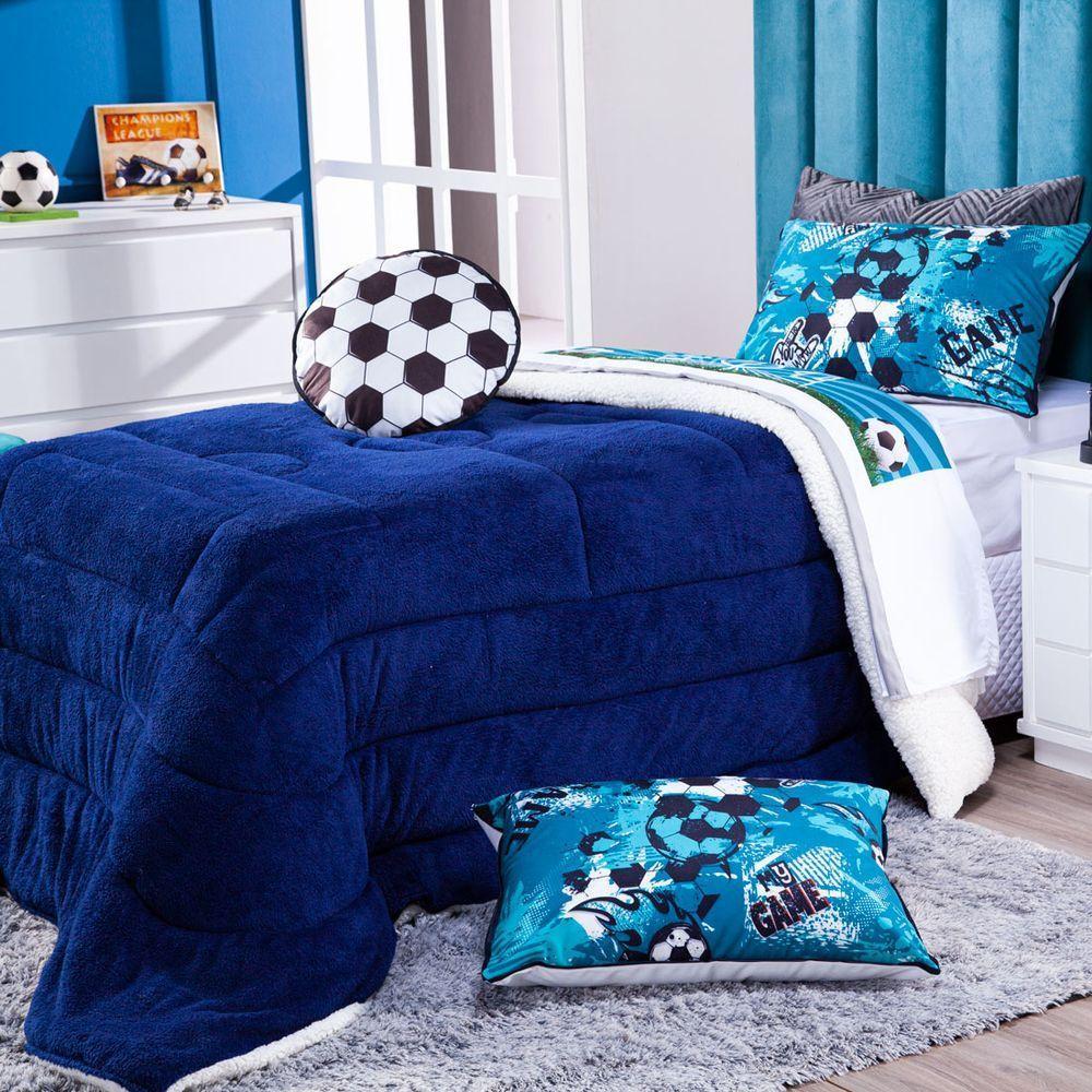 Coberdrom Futebol Azul + Almofada Solt 3Pçs Dupla Face - 10