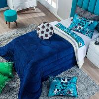 Coberdrom Futebol Azul + Almofada Solt 3Pçs Dupla Face