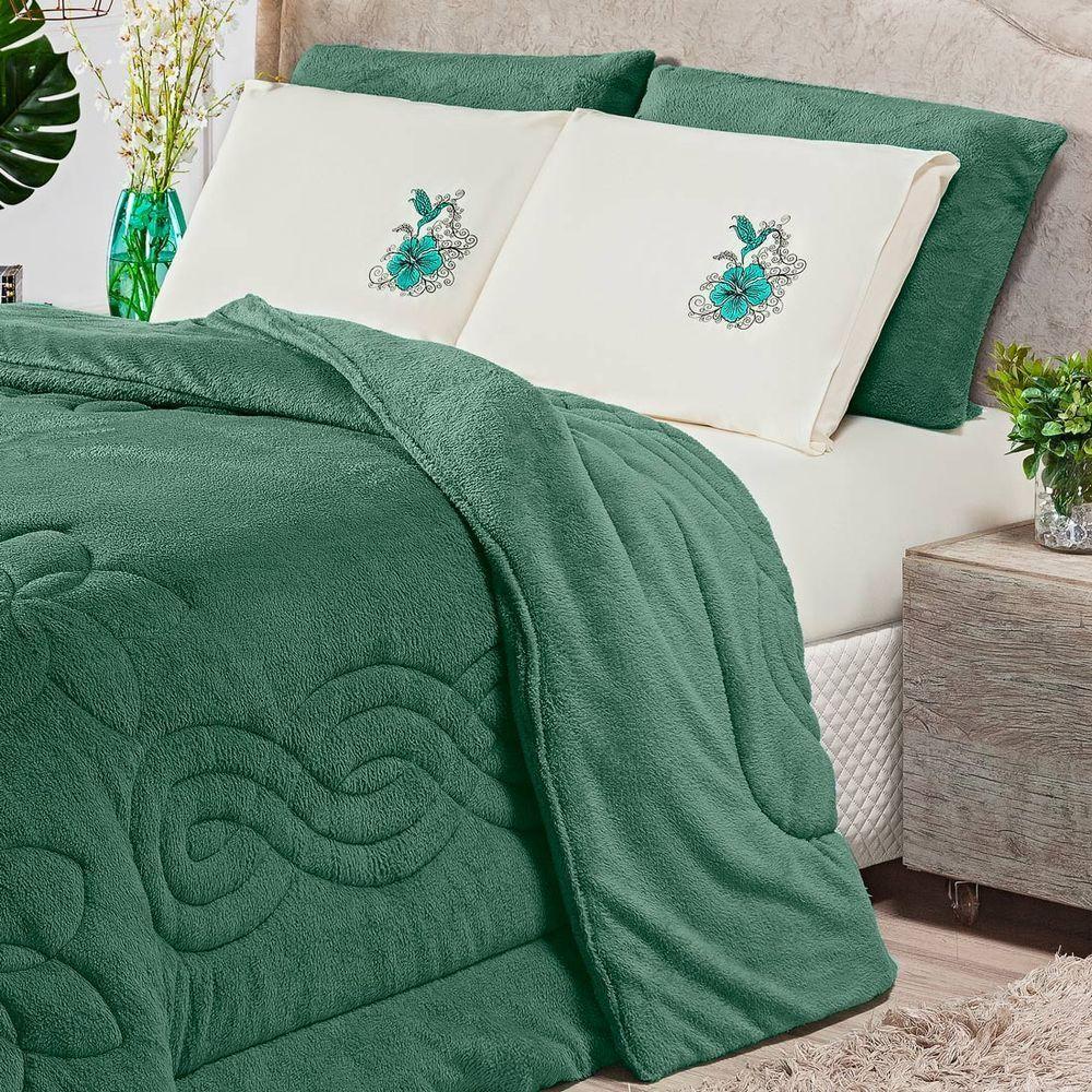 Coberdrom Floral Verde King 3Pçs DuplaFace Manta Microfibra - 7