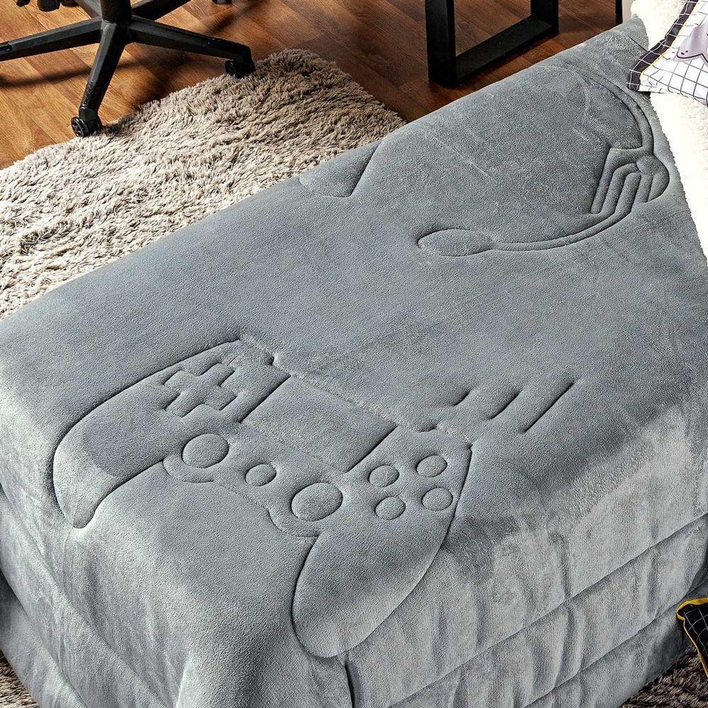 Coberdrom Cinza Solteiro 02Pçs Dupla Face Sherpa E Mantinha - 3