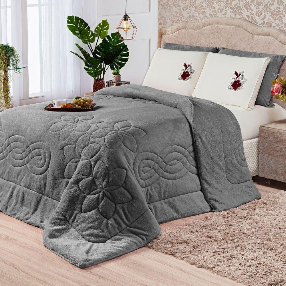 Coberdrom Floral Cinza King 3Pçs DuplaFace Manta Microfibra - 1