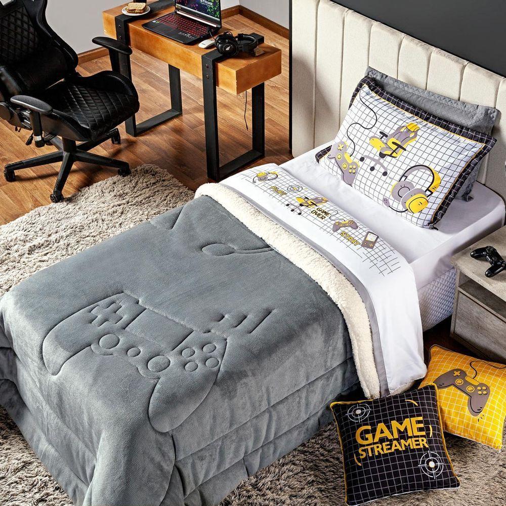 Coberdrom Cinza Queen 03 Pçs Dupla Face Sherpa E Mantinha - 2